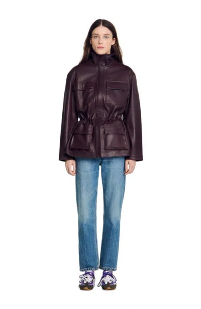 Sandro Oversized Leather Collar Jacket In Burgundy