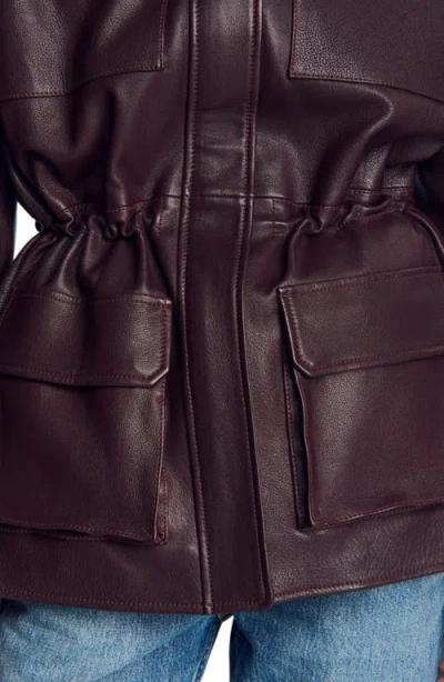 Sandro Oversized Leather Collar Jacket In Burgundy