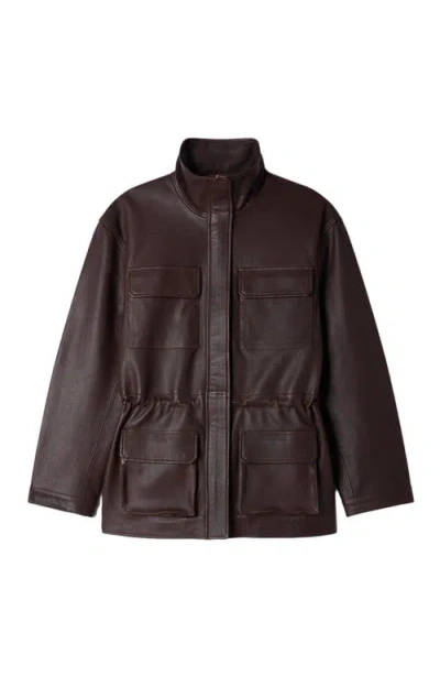 Sandro Oversized Leather Collar Jacket In Burgundy