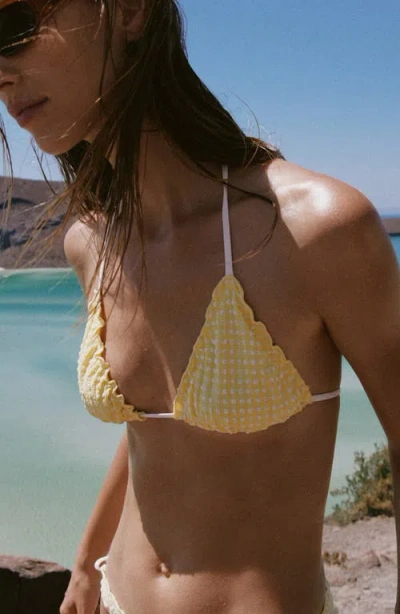 Mango Gingham Scalloped Triangle Bikini Top In Yellow