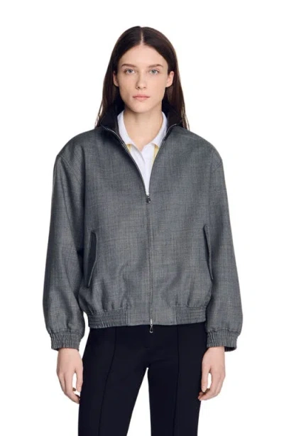 Sandro Oversized Leather-collar Jacket In Gray