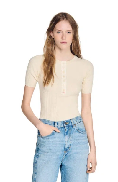 Sandro Sweater With Ribbed Button Placket In Blue