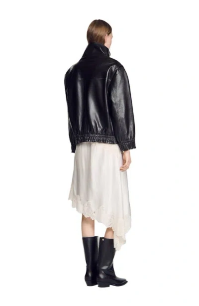 Sandro Standing Collar Leather Jacket In Black