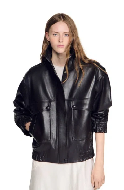 Sandro Standing Collar Leather Jacket In Black