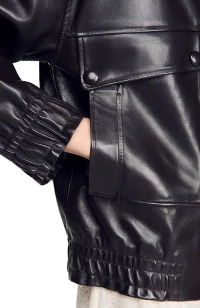 Sandro Standing Collar Leather Jacket In Black