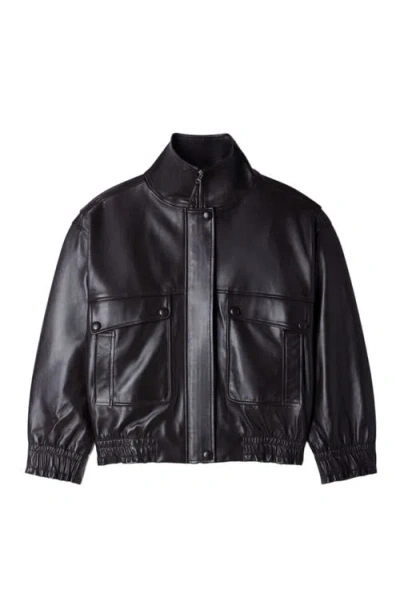 Sandro Standing Collar Leather Jacket In Black