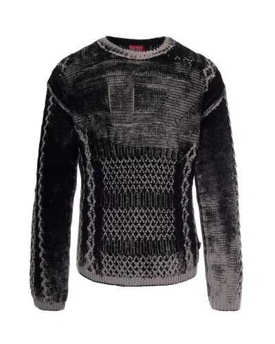 Diesel Cable Knit Cotton-blend Pullover Sweater In Black
