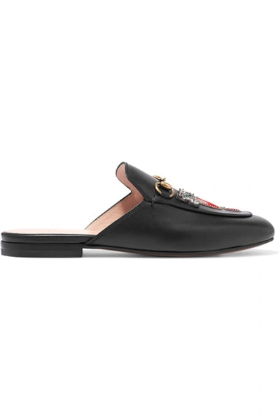 Shop Gucci Princetown Appliquéd Embellished Leather Slippers In Black