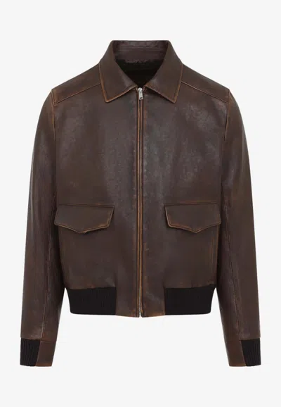 Prada Collared Long-sleeved Leather Jacket In Brown
