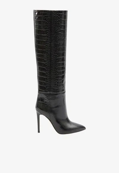 Paris Texas Stiletto 105 Croc-embossed Leather Knee-high Boots In Black