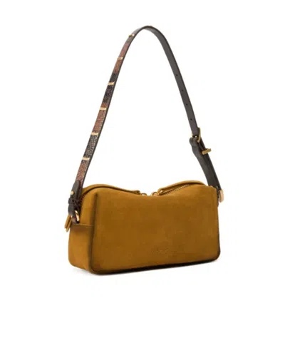 Pinko Rectangular Mini Suede Shoulder Bag With Textured Strap In Brown