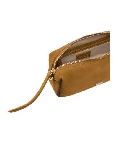 Pinko Rectangular Mini Suede Shoulder Bag With Textured Strap In Brown