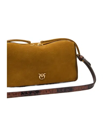 Pinko Rectangular Mini Suede Shoulder Bag With Textured Strap In Brown