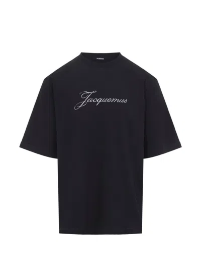 Jacquemus Relaxed Fit Black T-shirt With Cursive Script Logo In Black