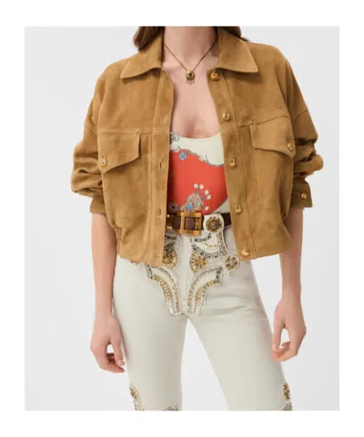 Versace Beige Suede Pointed Collar Elasticated Hem Jacket In Brown