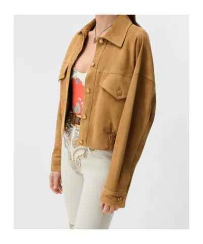 Versace Beige Suede Pointed Collar Elasticated Hem Jacket In Brown