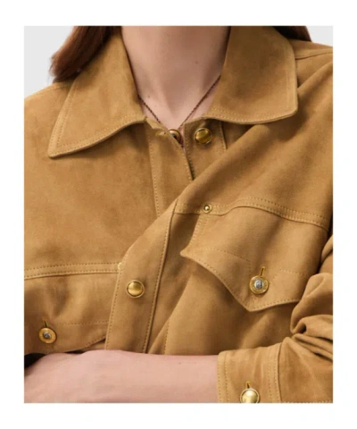 Versace Beige Suede Pointed Collar Elasticated Hem Jacket In Brown