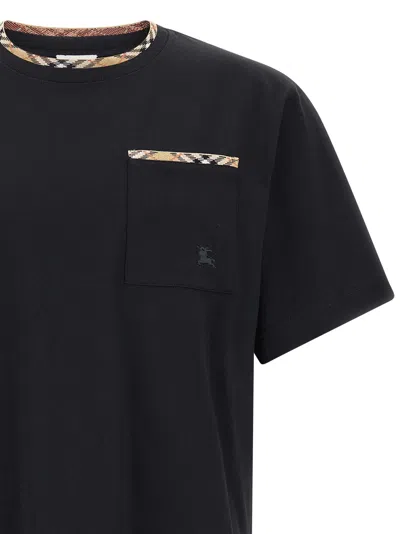 Burberry Cotton Logo T-shirt With Checkered Trim And Chest Pocket In Black