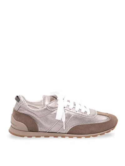 Brunello Cucinelli Leather Suede Sneakers Rubber Sole Pull Tab In Marrón Claro