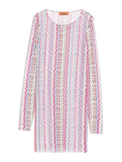Missoni Midi Dress In Zig Zag Printed Tulle Multicolor 3d Chevron In Multi