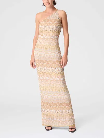 Missoni One-shoulder Sequin-embellished Striped Metallic Crochet-knit Maxi Dress In Dorado