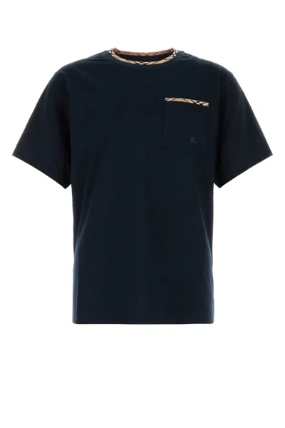 Burberry Cotton Logo T-shirt With Checkered Trim And Chest Pocket In Blue