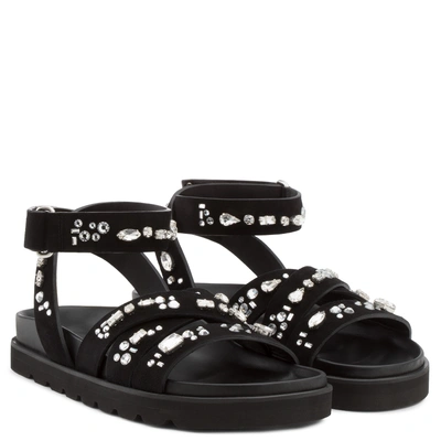 Giuseppe Zanotti - Black Suede Flat Sandal With Maxi Crystals Francy
