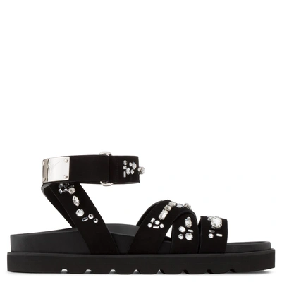 Shop Giuseppe Zanotti - Black Suede Flat Sandal With Maxi Crystals Francy