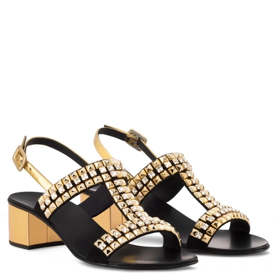 Shop Giuseppe Zanotti - 40 Mm Black And Gold Sandal With Crystals And Studs Debra