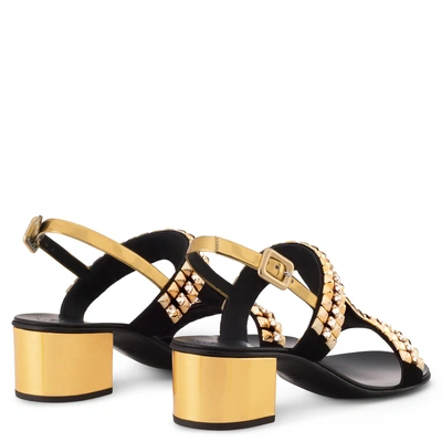 Shop Giuseppe Zanotti - 40 Mm Black And Gold Sandal With Crystals And Studs Debra