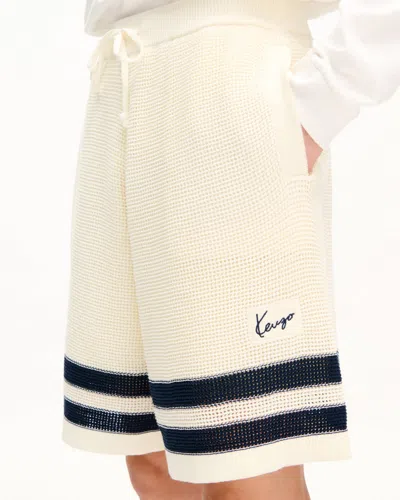 Kenzo Mesh Cotton Shorts Contrast Stripe Hem In White