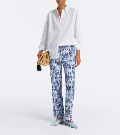 La Doublej 24/7 Printed Cotton Flared Pants In Blue