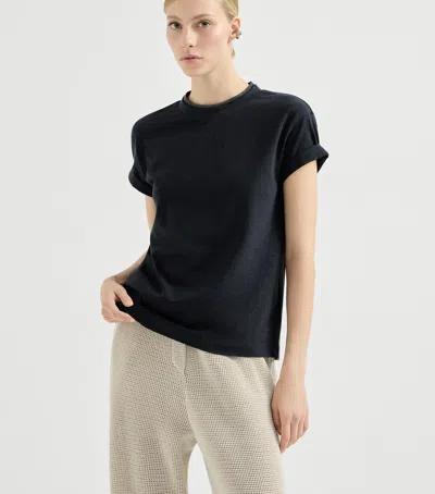Brunello Cucinelli Stretch Cotton Jersey T-shirt With Precious Faux Layering In Black