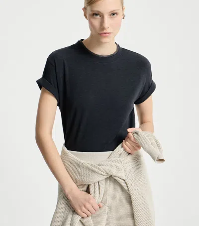 Brunello Cucinelli Stretch Cotton Jersey T-shirt With Precious Faux Layering In Black