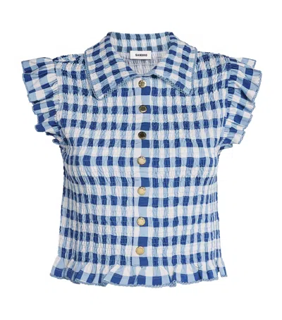Sandro Paris Gingham Smocked Top In Blue