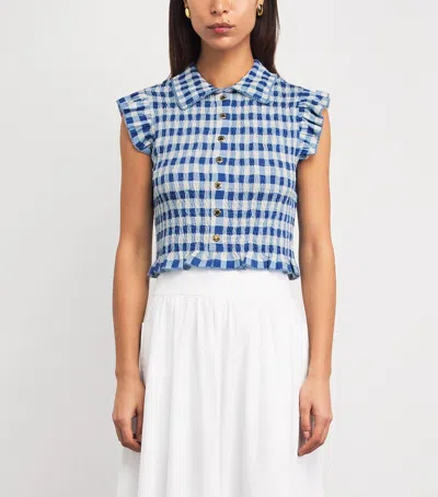 Sandro Paris Gingham Smocked Top In Blue