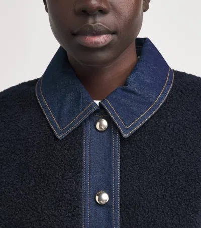 Maje Denim-trim Shearling Jacket In Black