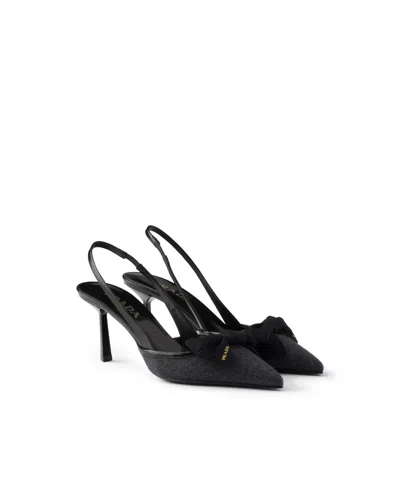 Prada 70 Triangle Logo Leather And Mesh Slingback Pumps In Grey