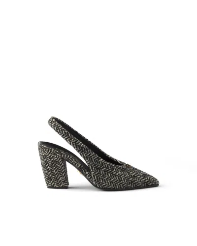 Prada White And Black Slingback Pumps In Chevron Fabric In Gray