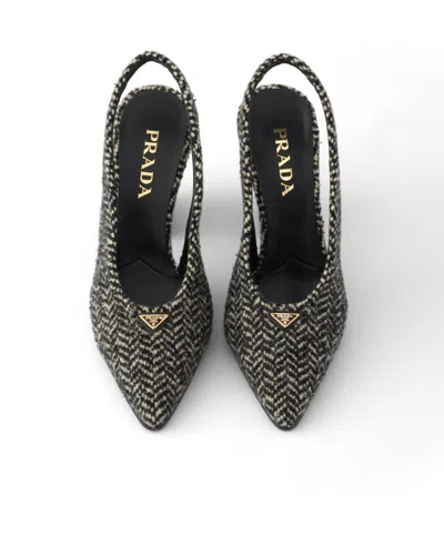 Prada White And Black Slingback Pumps In Chevron Fabric In Gray