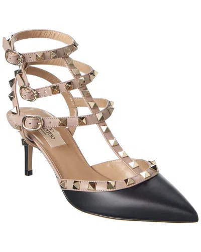 Valentino Rockstud Caged 65 Leather Ankle Strap Pump In Black
