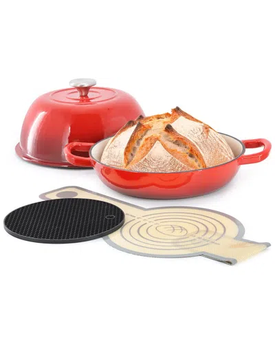 Megachef 6 Quart Enameled Cast Iron Bread Pot In Red With Baking Mat In Red