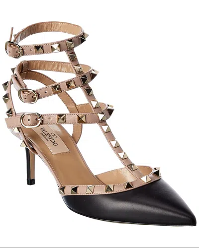 Valentino Rockstud Caged 65 Leather Ankle Strap Pump In Black
