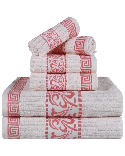 Superior Athens Cotton With Greek Scroll And Floral Pattern Assorted, 6 Piece Bath Towel Set In White