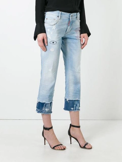Shop Dsquared2 Keep The Faith Embroidered Cropped Jeans In Blue