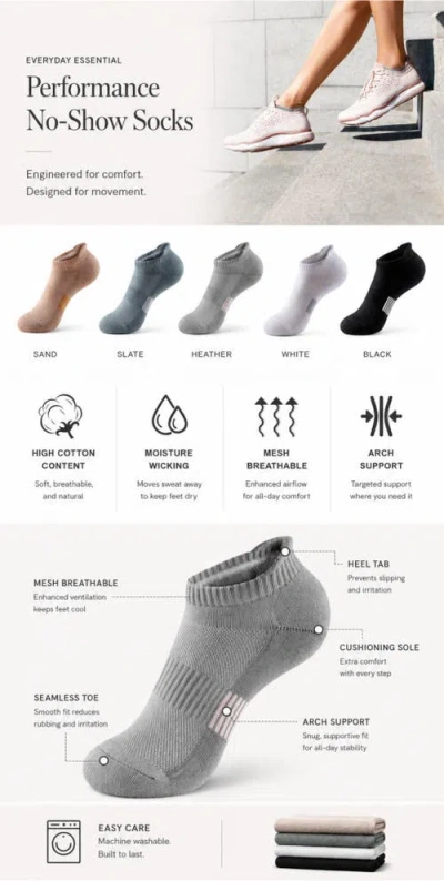 Zilpu Cushioned Performance Athletic Ankle Socks 5-pack