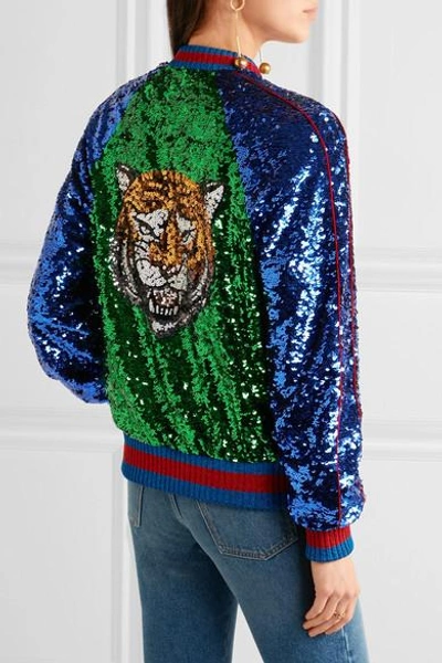 Gucci Appliquéd Sequined Tulle And Satin Bomber Jacket In Green