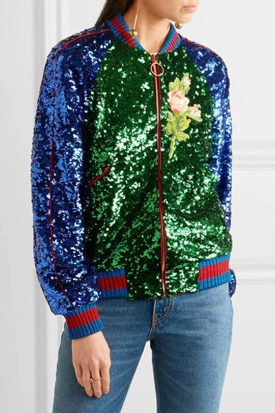 Shop Gucci Appliquéd Sequined Tulle And Satin Bomber Jacket In Green