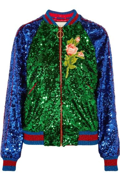 Shop Gucci Appliquéd Sequined Tulle And Satin Bomber Jacket In Green