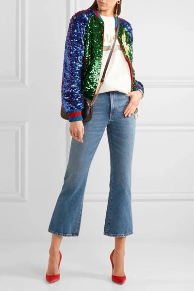 Shop Gucci Appliquéd Sequined Tulle And Satin Bomber Jacket In Green